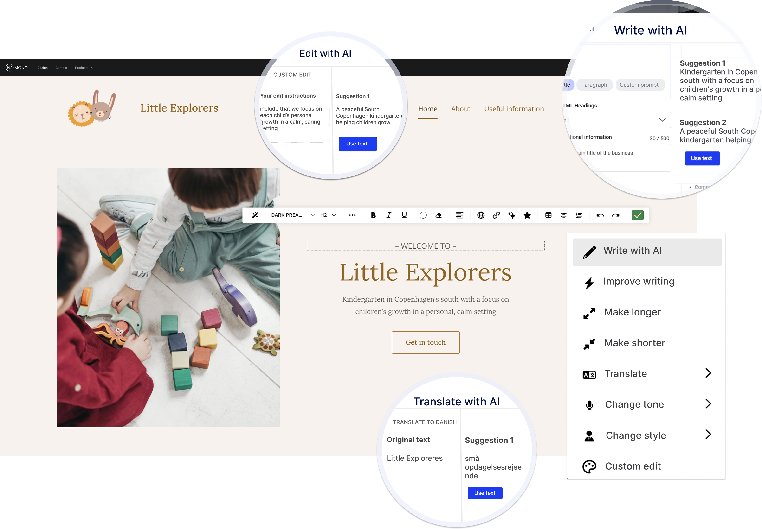 A graphic design showing how you can write, translate and edit with AI in the Mono Editor