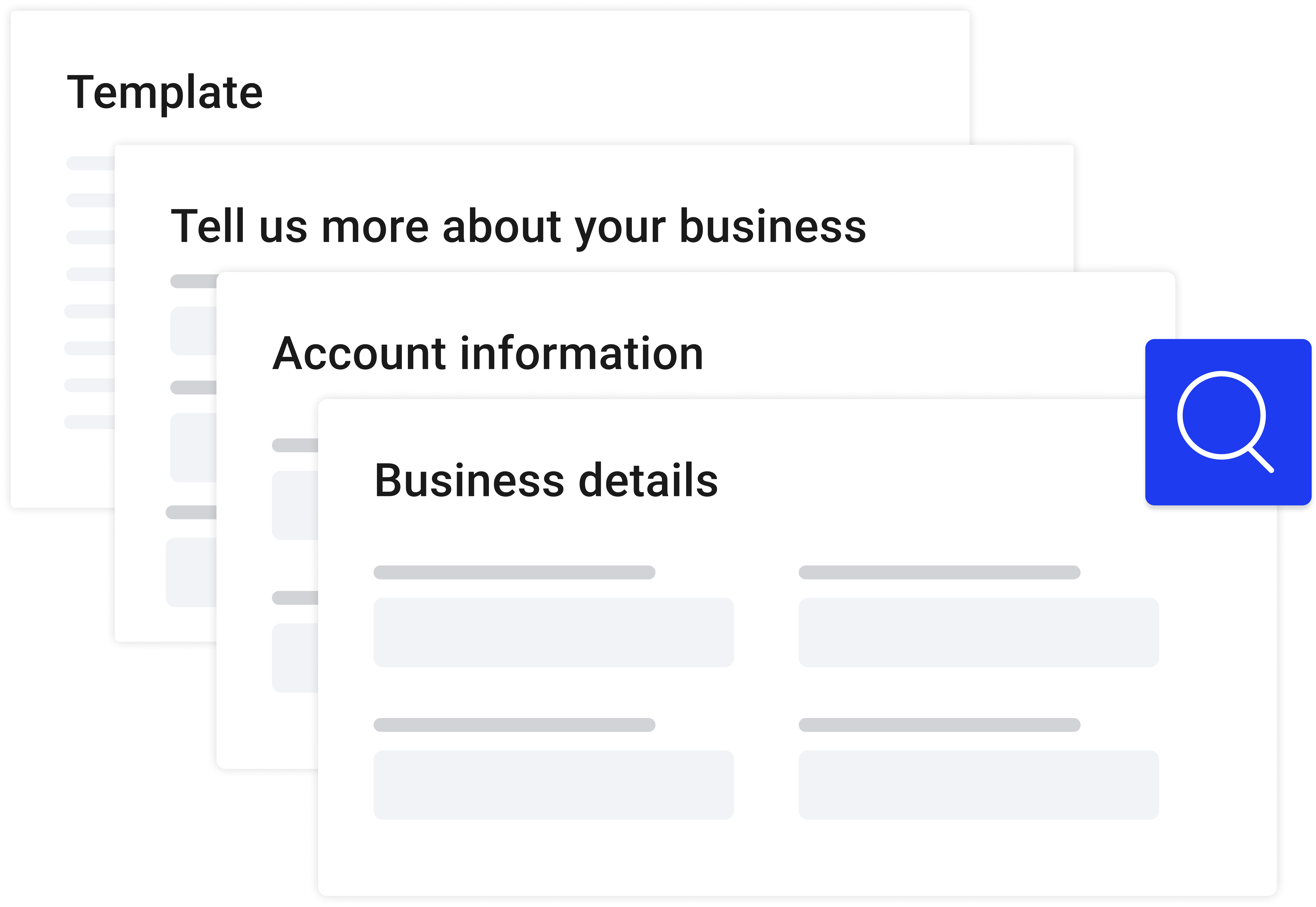 An image showing the steps included in the Mono Quick Creator website flow: Adding business details, account information, more info about the business, and selecting a template.