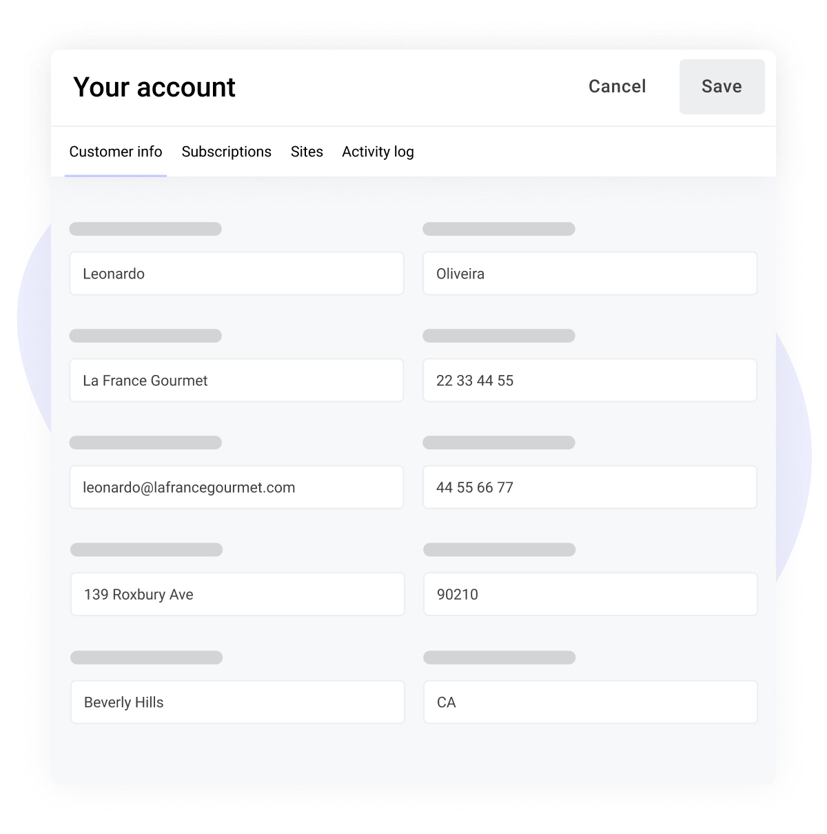 Illustration of our multi-site management tool, Reseller Admin Interface. Under Account info, a reseller partner can see the associated customer info, subscriptions, site information, and activity log for a website.