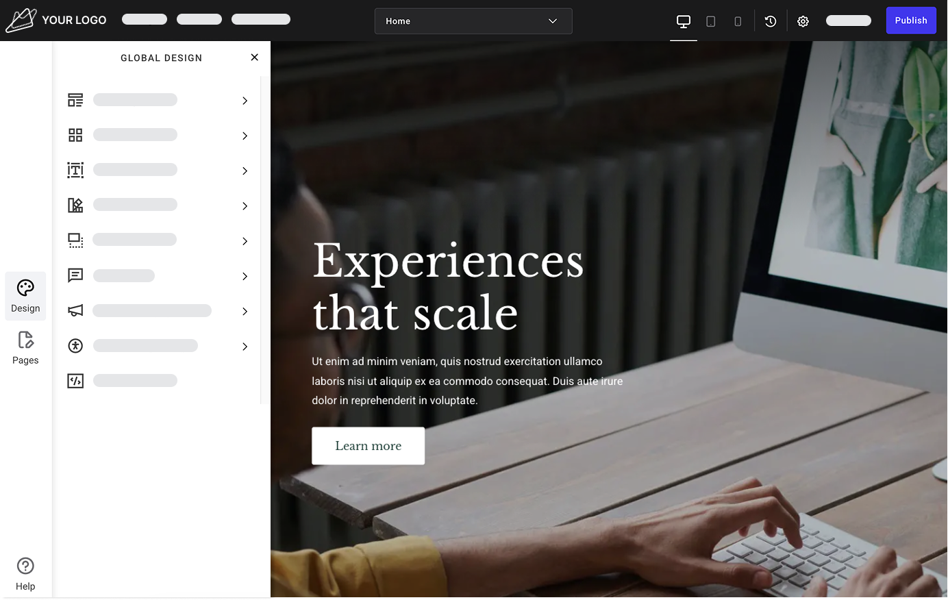 An image depicting snippets of the Quick Creator AI flow, including entering the country and company name of your agency's prospect, template selection, AI created content review, and website creation.