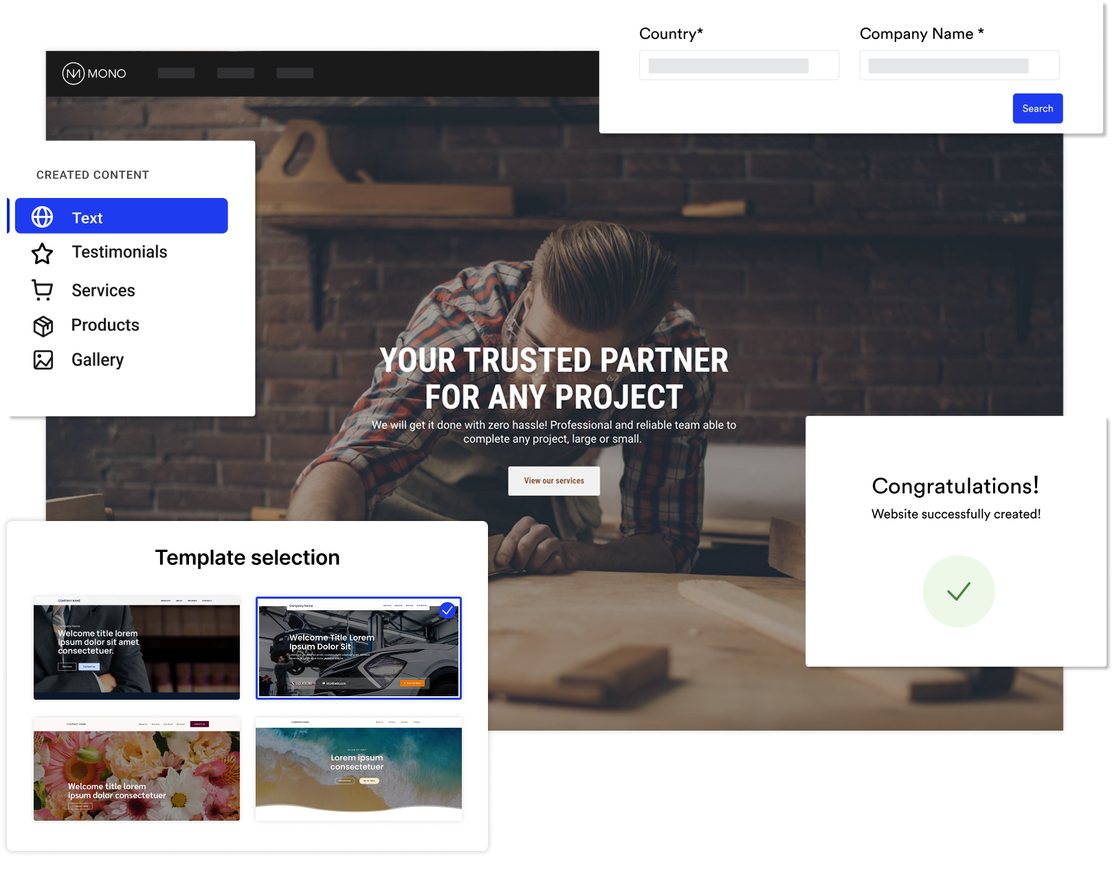 An image depicting snippets of the Quick Creator AI flow, including entering the country and company name of your agency's prospect, template selection, AI created content review, and website creation.