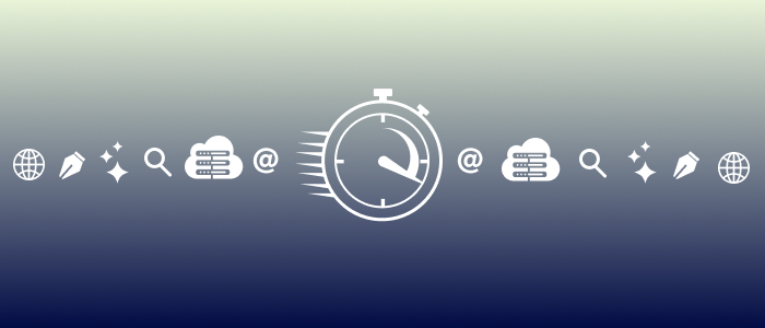 Image showing a stopwatch icon, along with icons representing email, hosting, search (SEO), AI, editing, and global sitewide design