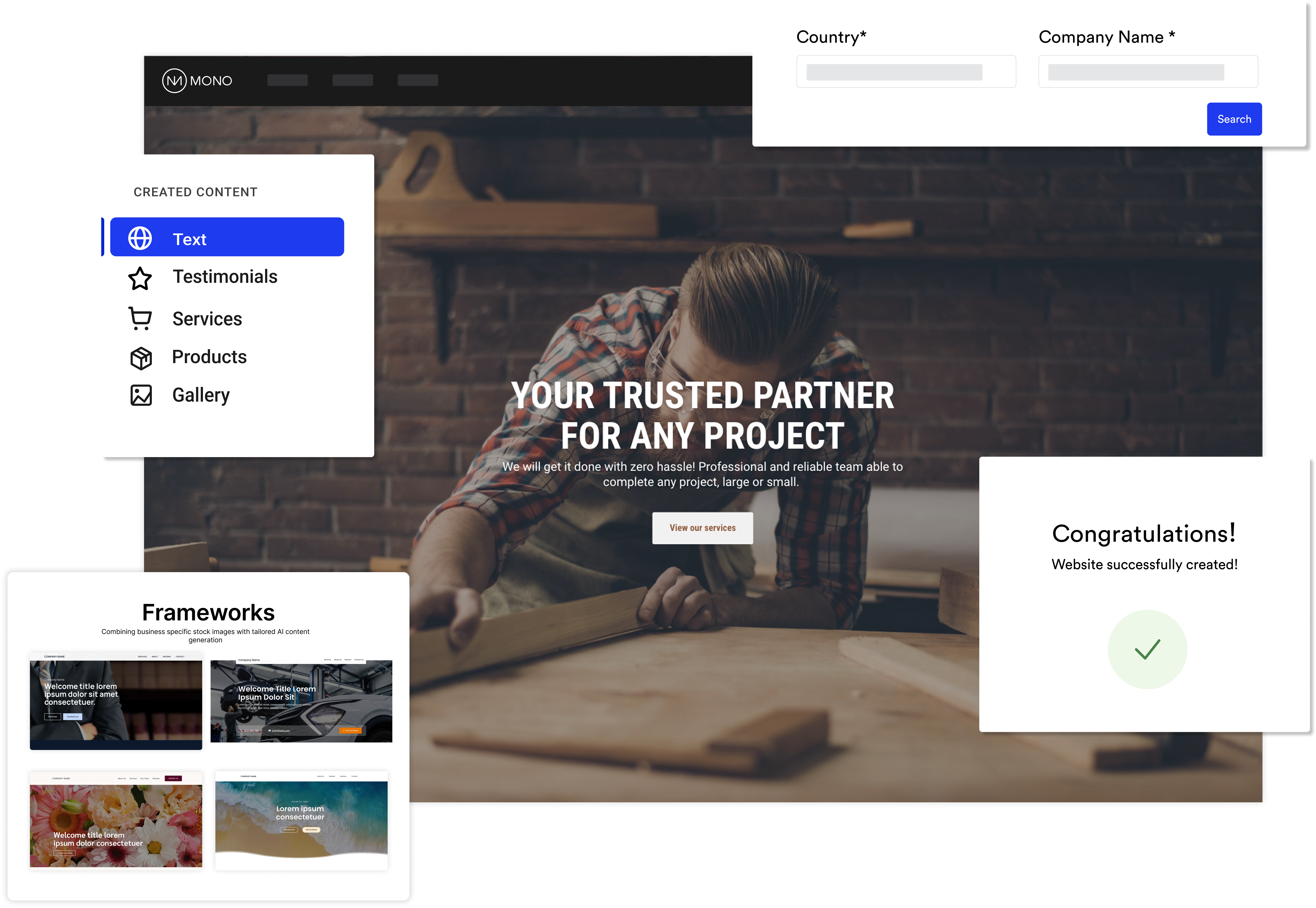 An image depicting snippets of the Quick Creator AI flow, including entering the country and company name of your agency's prospect, template selection, AI created content review, and website creation.