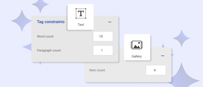 AI template tag constraints: Shows word and paragraph count for Text Modules, and Item count for Gallery Modules in Mono Editor. 